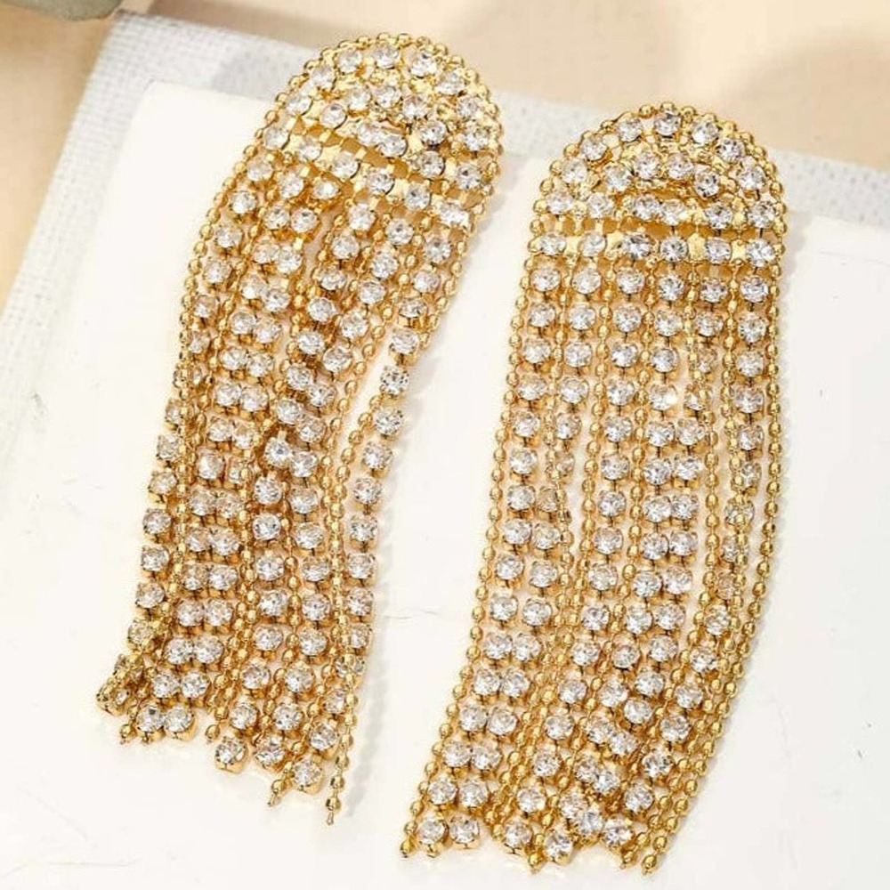 Arch Rhinestone Chain Fringe Earrings Gold Tone